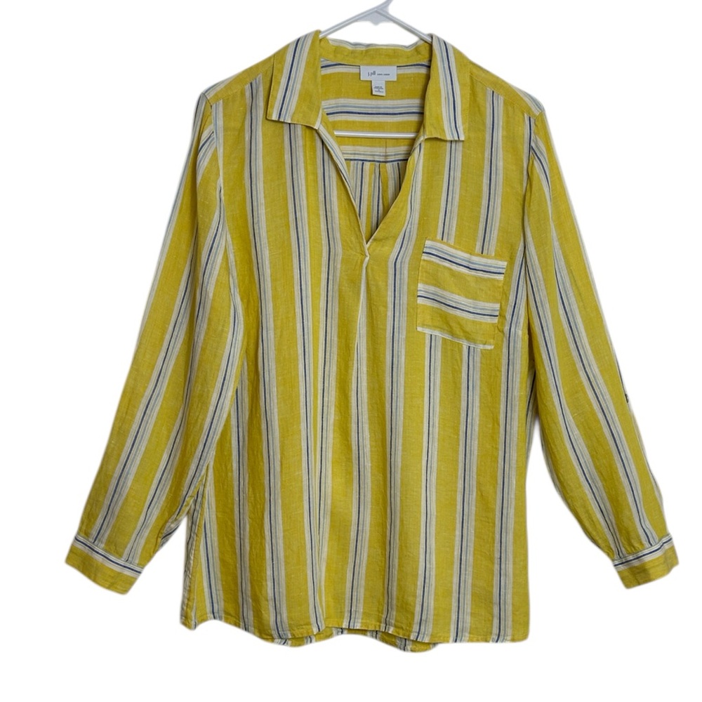 J.Jill Love Linen Size 1X V-Neck Yellow And Blue Striped Popover Roll Tab Blouse